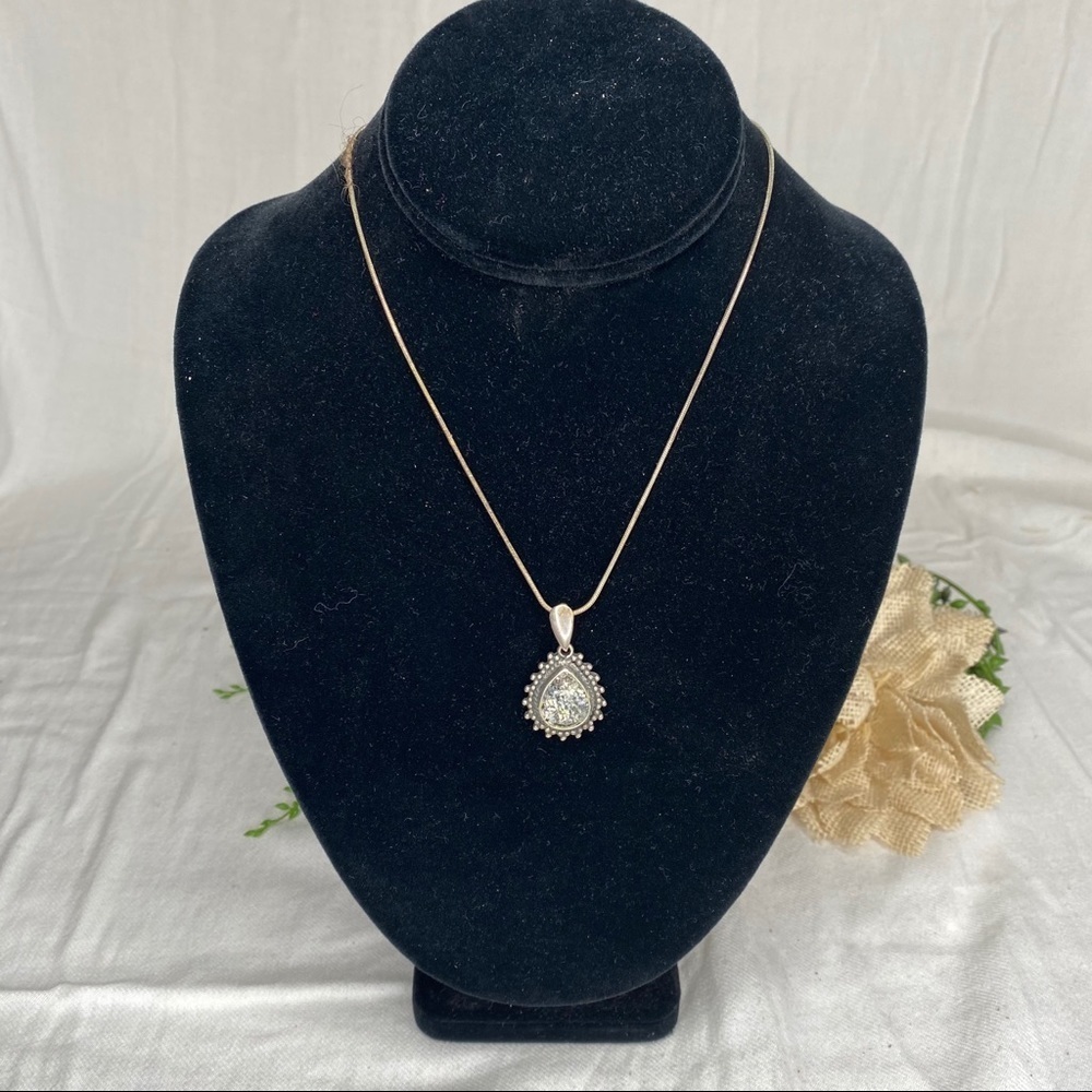 Sterling Silver .925 & Grey Teardrop Shaped Druzy Pendant Necklace 16" Long